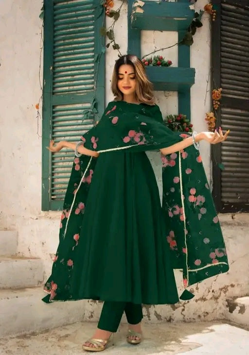 Anarkali Suit Set with Organza Floral Dupatta