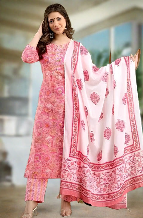 Peach Printed Floral Kurti set with dupatta