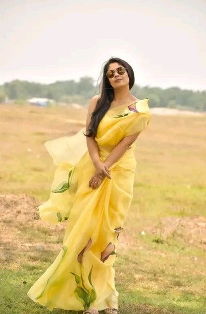 Yellow Hand Painted Floral Organza Saree