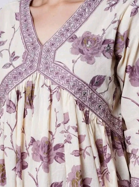 Lavender Floral Kurti Set with Dupatta