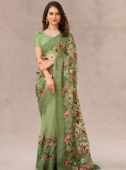 Net Saree with Floral Embroidery