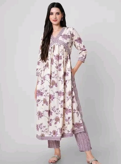 Lavender and white floral Cotton Kurti Set 