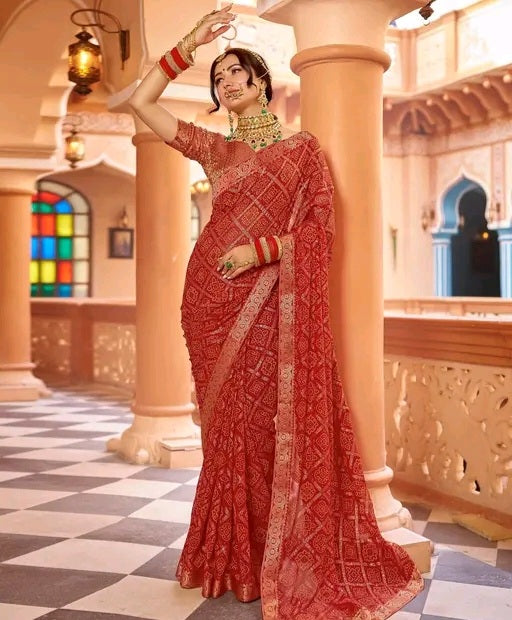 Maharani Chunadi Bandhej Saree with Zari border