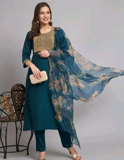 Silk Kurti with Zardozi Work and Floral Dupatta