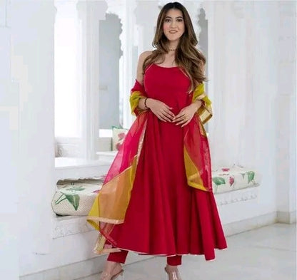 Red Anarkali with Bandhej Dupatta