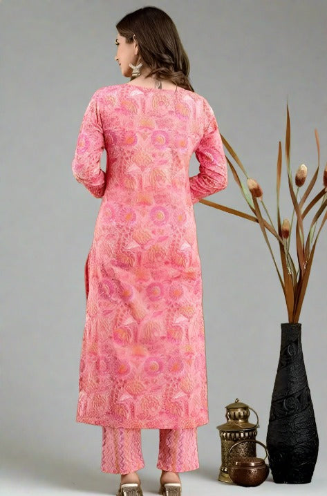 Peach Printed Floral Kurti set with dupatta