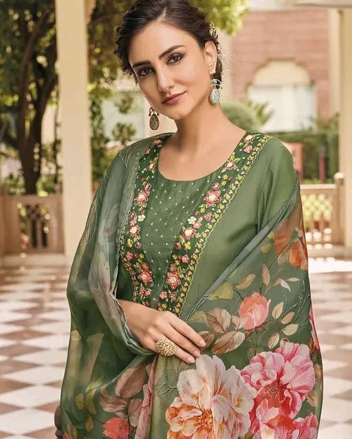 Green Kurti Set with Floral Dupatta