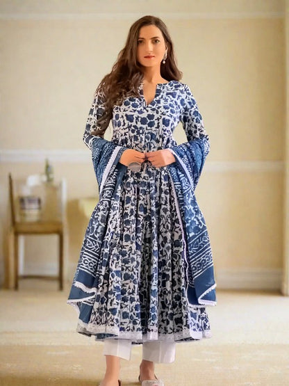 Lace Border ;Blue White Long Kurti set with Pants and Dupatta; Summer Essentials