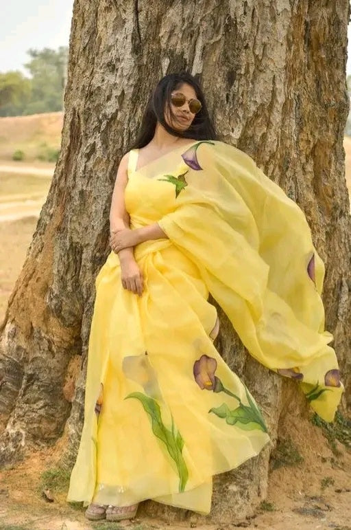 Yellow Hand Painted Floral Organza Saree