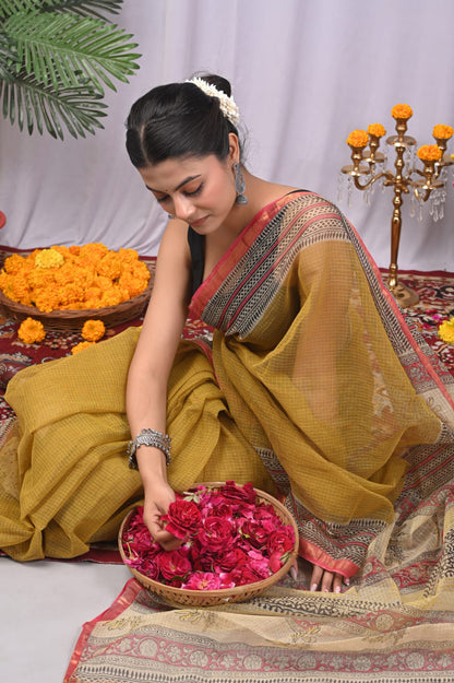 Printed Border Mustard Kota Doria Saree