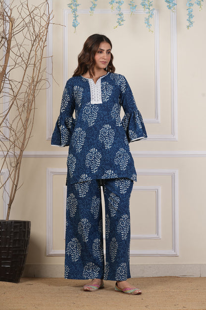 Indigo Print Cotton Co ord Set with Lace Detailing