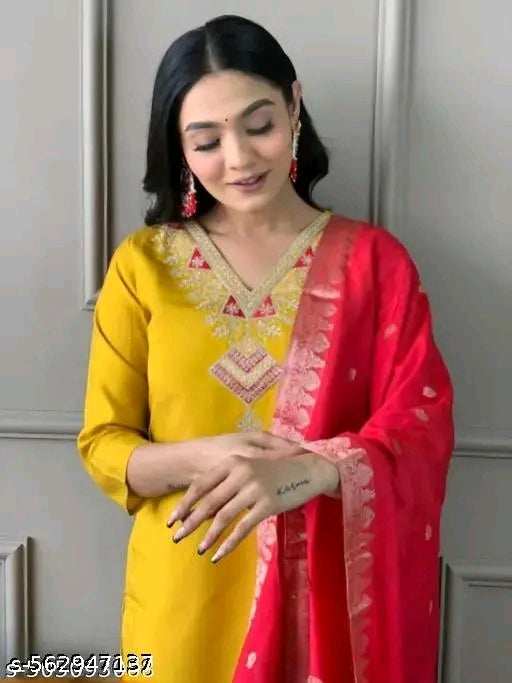 Kashish Yellow Suit Set with Red Dupatta