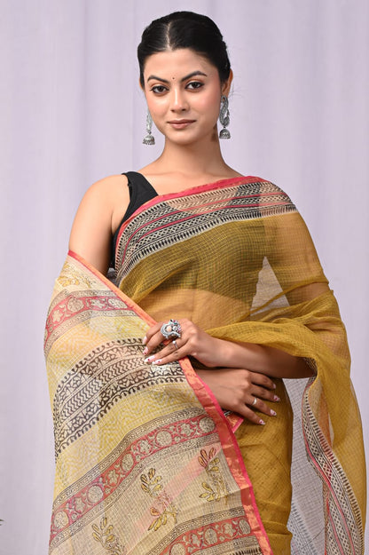 Printed Border Mustard Kota Doria Saree