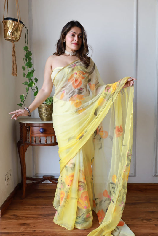 Floral Hand Brsuhed Chiffon Saree