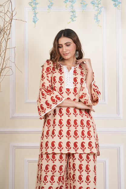 Pure Beige Red cotton lace detailing co ord set