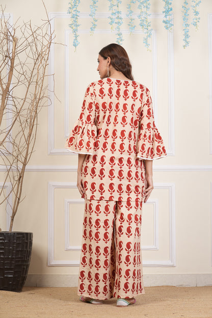 Pure Beige Red cotton lace detailing co ord set