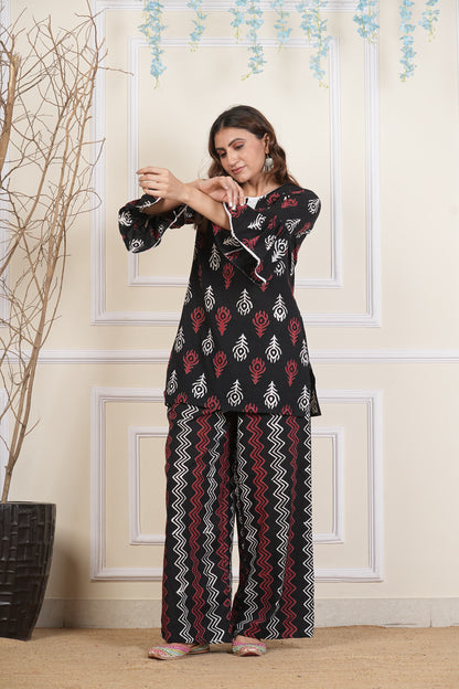 Black Bagru Print Cotton Co ord set up with Lace Detailing