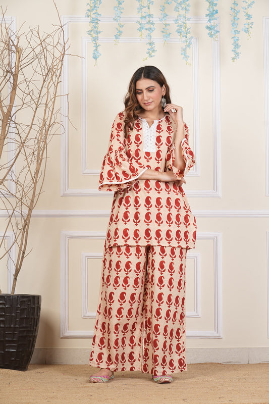 Pure Beige Red cotton lace detailing co ord set