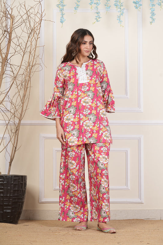 Floral Cotton Co ord Set with Lace Work