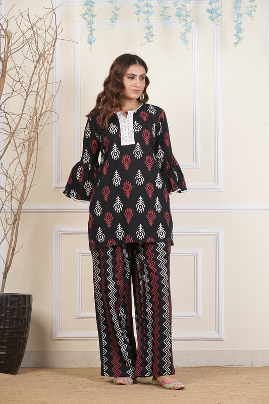 Black Bagru Print Cotton Co ord set up with Lace Detailing