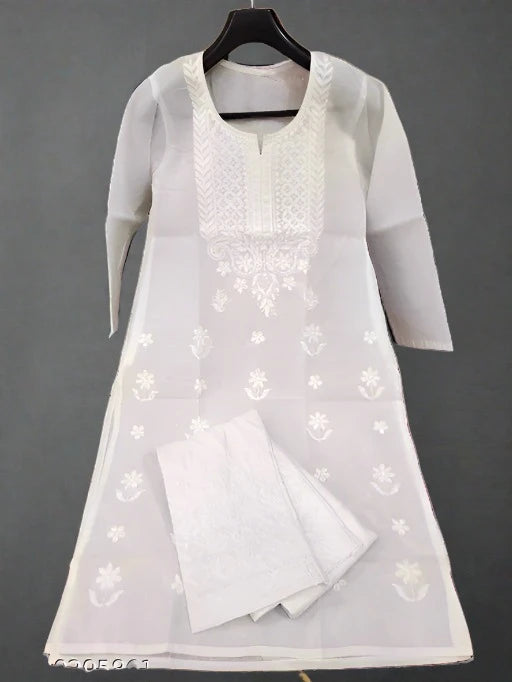 Chicken Work White Kurta SET