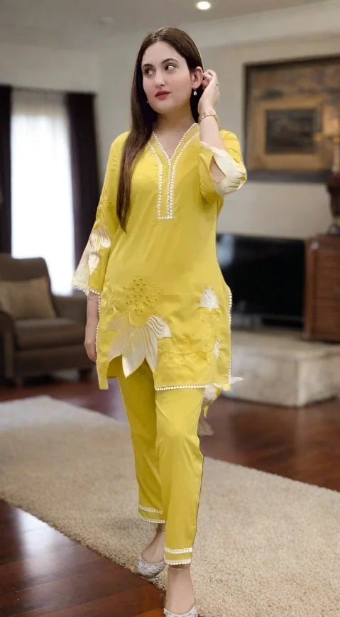 Cutwork yellow stylish co ord set; fashion styling, Coord set